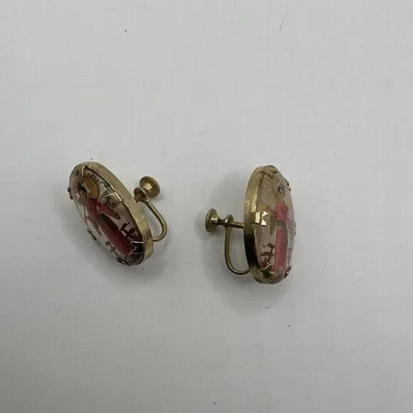 Vintage Geisha Earrings Clip On Twist On Hand Painted Gold Oval Earrings - Picture 7 of 9